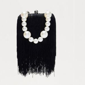 Elegant Black Fringe Clutch with Pearl Detail